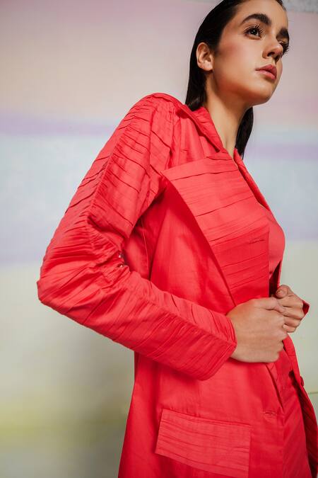 Buy_July Issue_Red Giza Cotton Solid Lapel Collar Suri Jacket Skirt Set_Online_at_Aza_Fashions