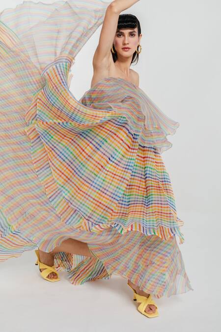 July Issue_Multi Color Organza Checkered, Striped Straight Across Cai Layered Dress_Online_at_Aza_Fashions