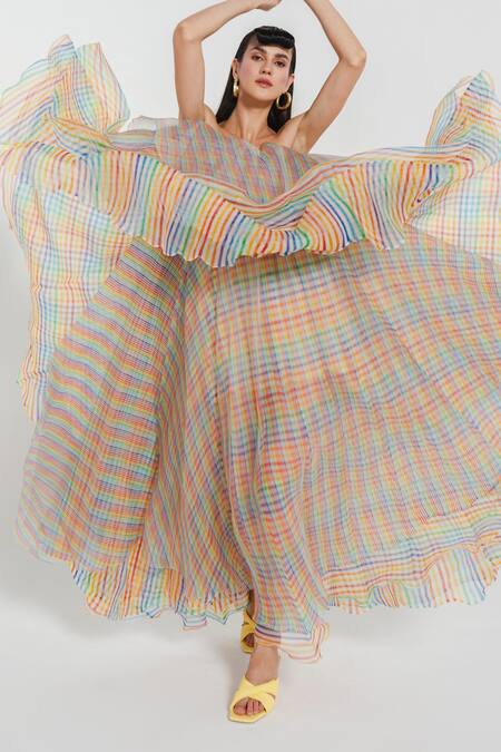 Buy_July Issue_Multi Color Organza Checkered, Striped Straight Across Cai Layered Dress_Online_at_Aza_Fashions