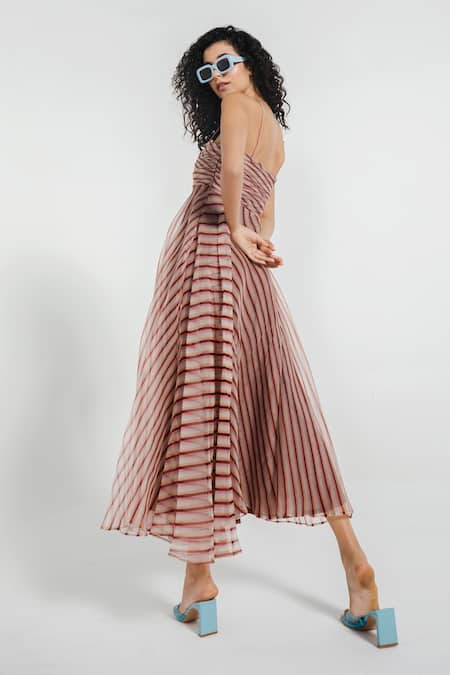 Shop July Issue Multi Color Organza Striped Square Neck Aiko Dress at Aza Fashions Shop_July Issue_Multi Color Organza Striped Square Neck Aiko Dress_at_Aza_Fashions