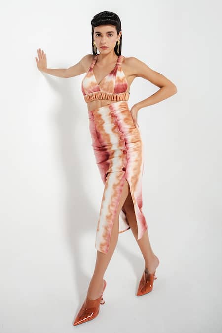 July Issue_Brown Velvet V Neck Elora Crop Top And Skirt Set_Online_at_Aza_Fashions