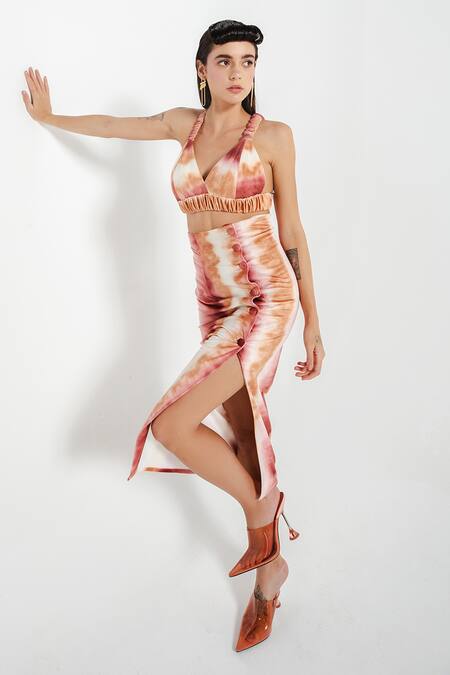 Buy_July Issue_Brown Velvet V Neck Elora Crop Top And Skirt Set_Online_at_Aza_Fashions