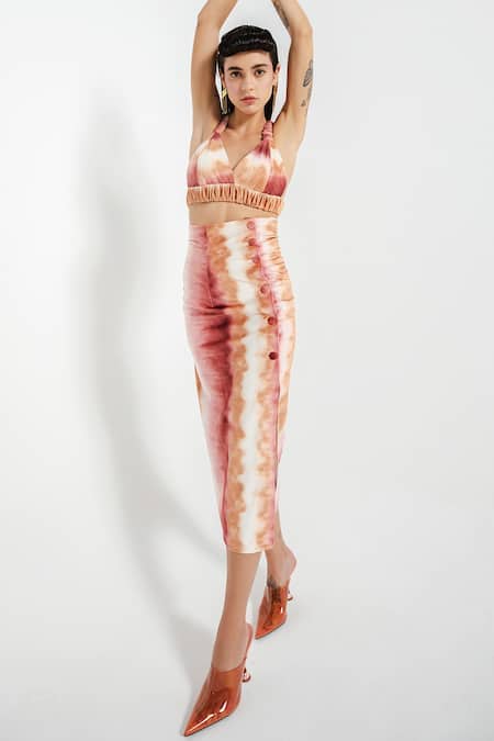 July Issue_Brown Velvet V Neck Elora Crop Top And Skirt Set_at_Aza_Fashions