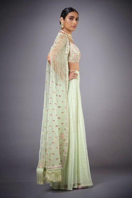 RI.Ritu Kumar_Green Cape Silk Blouse 50% Polyester 50%viscose Embroidered And Pant Set_Online_at_Aza_Fashions