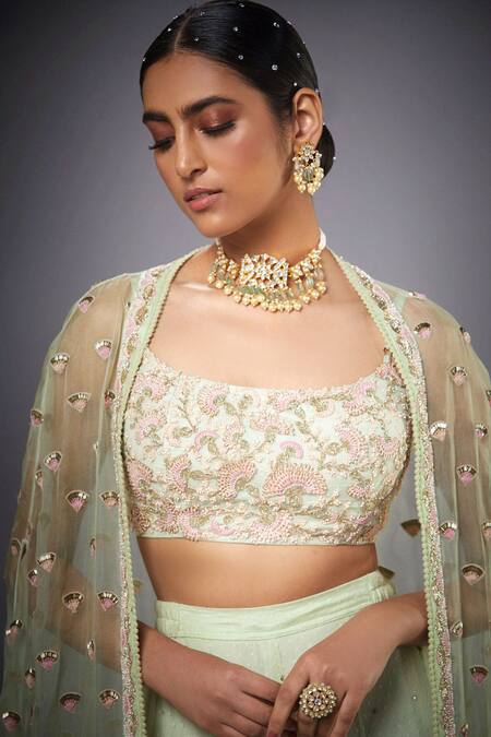 RI.Ritu Kumar_Green Cape Silk Blouse 50% Polyester 50%viscose Embroidered And Pant Set_at_Aza_Fashions