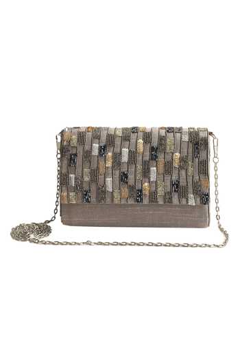 Buy_The Purple Sack_Silver Embroidery Flap Clutch _Online_at_Aza_Fashions