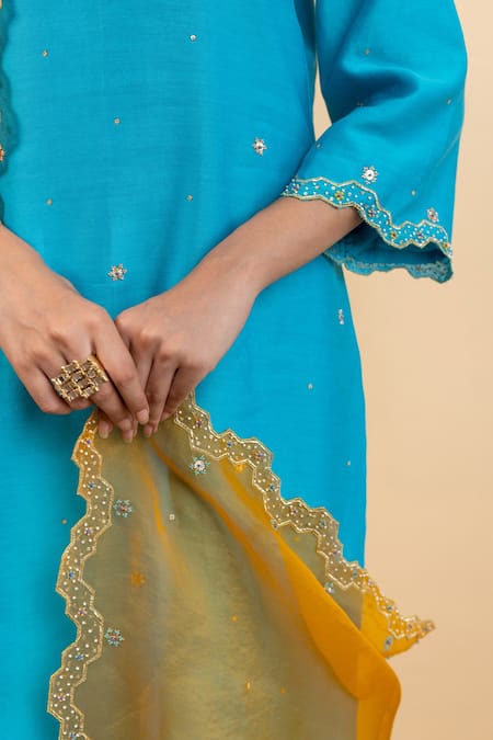 Buy_Pita Nila_Blue Chanderi, Silk Organza Embroidery, Beads V-neck Isla Kurta Set _Online_at_Aza_Fashions