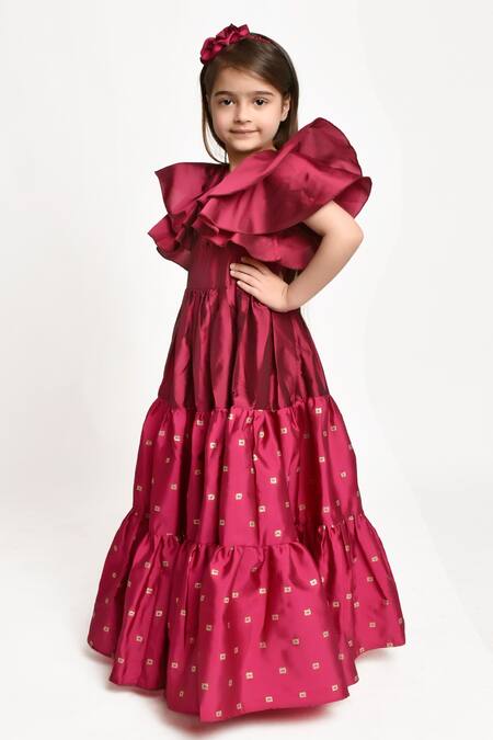 Jelly Jones_Maroon Silk Embroidery Tiered Gown_Online_at_Aza_Fashions