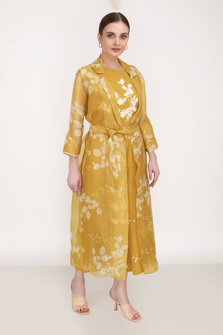 Shop_Arcvsh By Pallavi Singh_Yellow Jacket 100% Silk Organza, Jumpsuit Bemberg, Lining Cotton Petal And Set _Online_at_Aza_Fashions
