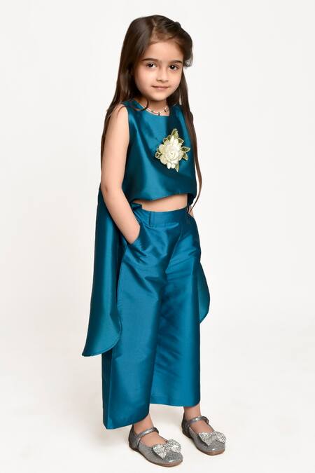 Jelly Jones_Blue Silk Floral Motif Embroidered Top And Pant Set_Online_at_Aza_Fashions