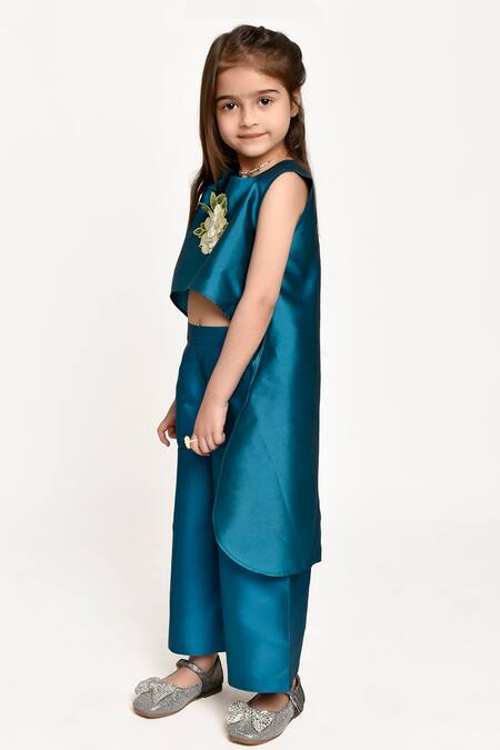 Buy_Jelly Jones_Blue Silk Floral Motif Embroidered Top And Pant Set_Online_at_Aza_Fashions