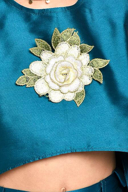 Shop_Jelly Jones_Blue Silk Floral Motif Embroidered Top And Pant Set_Online_at_Aza_Fashions
