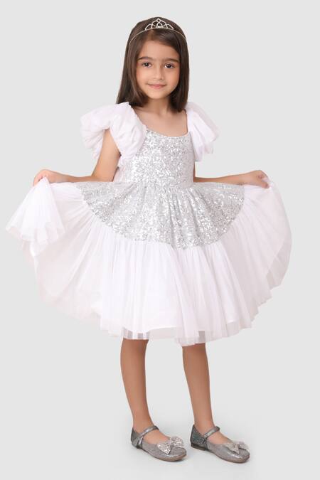 Jelly Jones_White Silk, Wool Sequins Woven Work Dress_Online_at_Aza_Fashions