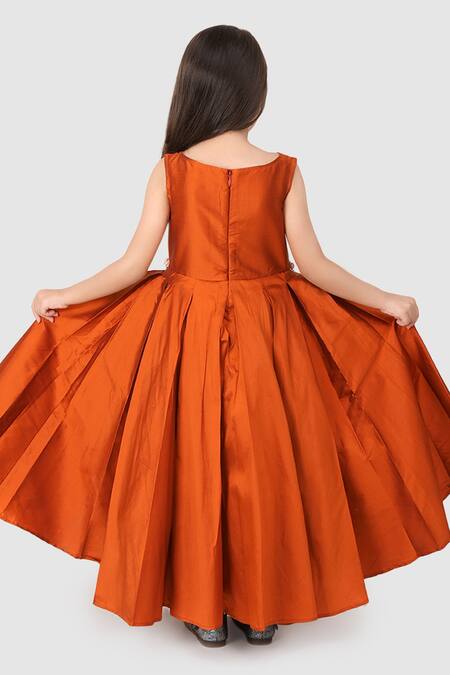 Shop_Jelly Jones_Orange Woven Silk Embellished Floral Belt Bronze Gown _at_Aza_Fashions