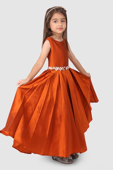 Jelly Jones_Orange Woven Silk Embellished Floral Belt Bronze Gown _Online_at_Aza_Fashions