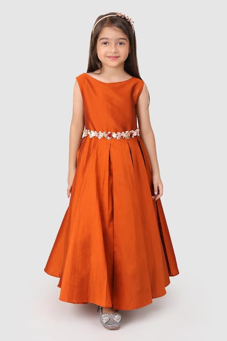 Buy_Jelly Jones_Orange Woven Silk Embellished Floral Belt Bronze Gown _Online_at_Aza_Fashions