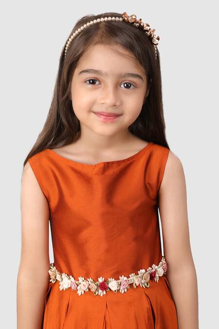 Jelly Jones_Orange Woven Silk Embellished Floral Belt Bronze Gown _at_Aza_Fashions