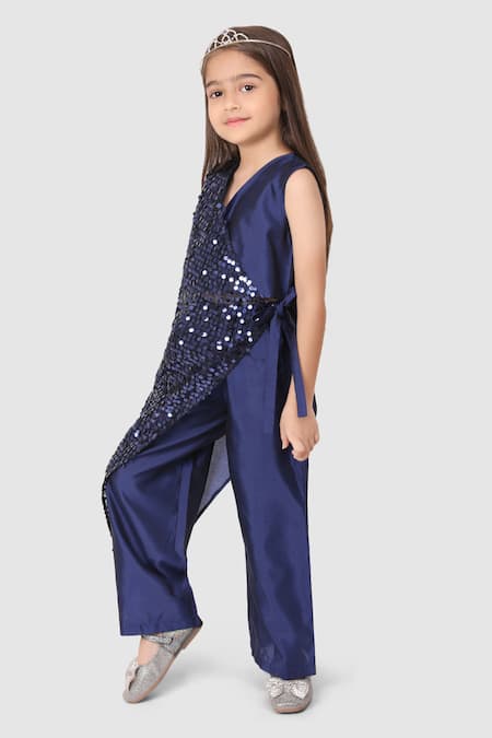 Jelly Jones_Blue Silk Sequins Work Asymmetric Top And Pant Set_Online_at_Aza_Fashions