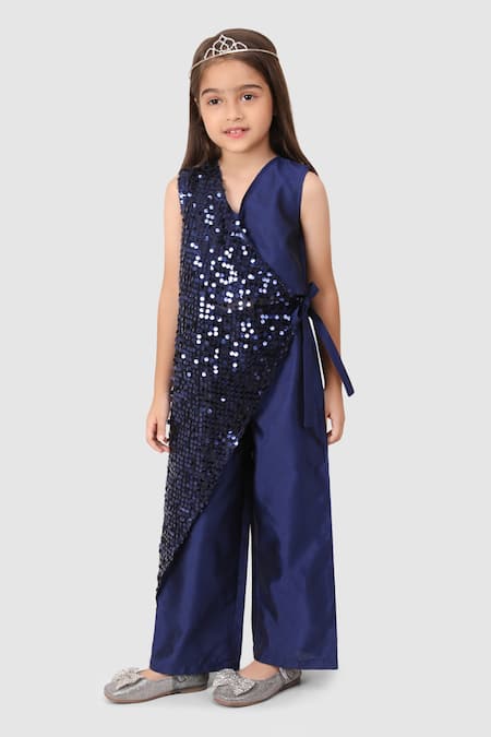 Shop_Jelly Jones_Blue Silk Sequins Work Asymmetric Top And Pant Set_Online_at_Aza_Fashions