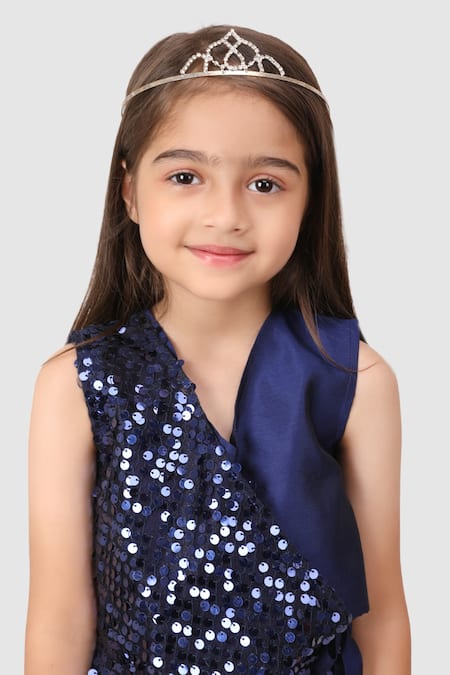 Jelly Jones_Blue Silk Sequins Work Asymmetric Top And Pant Set_at_Aza_Fashions