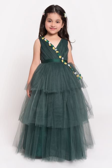 Buy Green Net Embellished 3d Floral Gown For Girls by Jelly Jones ...