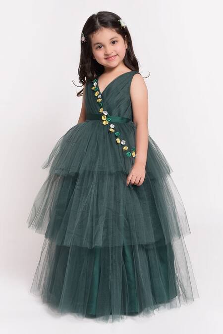 Jelly Jones_Green Net Fabric Flowers Tiered 3d Floral Embellished Gown_Online_at_Aza_Fashions