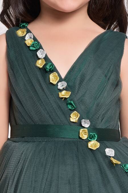 Buy_Jelly Jones_Green Net Fabric Flowers Tiered 3d Floral Embellished Gown_Online_at_Aza_Fashions