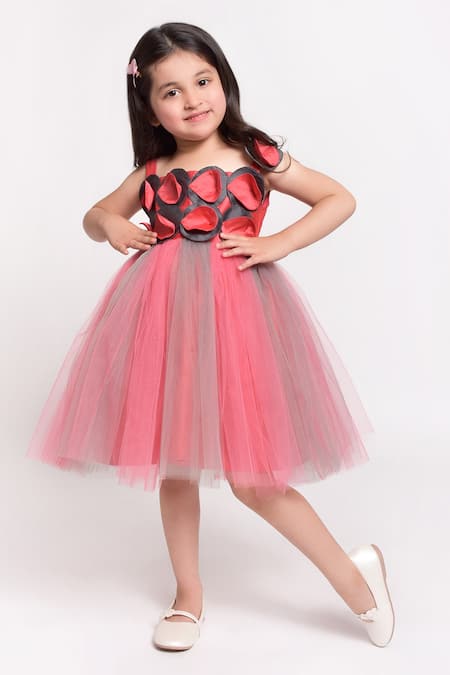 Buy Pink Net Embellished 3d Floral Dress For Girls by Jelly Jones ...