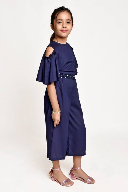 Jelly Jones_Blue Silk Embellished Lace Work Cold Shoulder Top And Pant Set _Online_at_Aza_Fashions