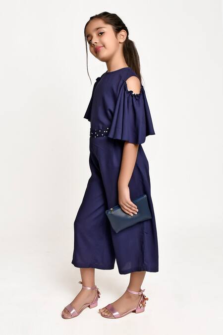 Buy_Jelly Jones_Blue Silk Embellished Lace Work Cold Shoulder Top And Pant Set _Online_at_Aza_Fashions