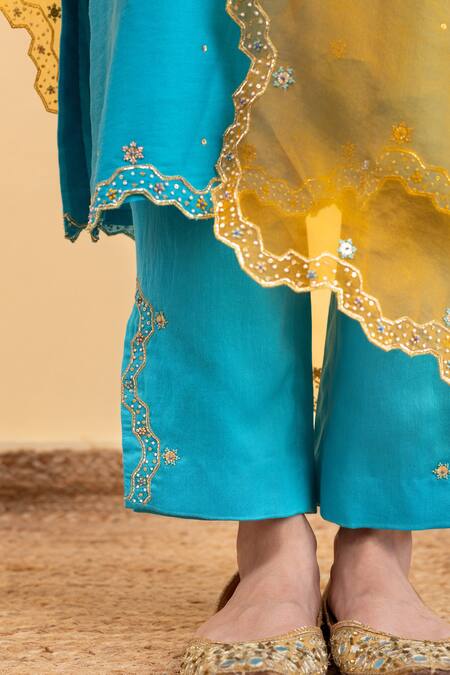Shop_Pita Nila_Blue Chanderi, Silk Organza Embroidery, Beads V-neck Isla Kurta Set _Online_at_Aza_Fashions