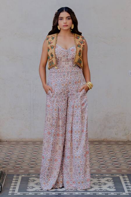 Nikita Vishakha_White , Raw Persian Carpet Pattern, Beads, Zari Printed And Jacket Set_Online_at_Aza_Fashions