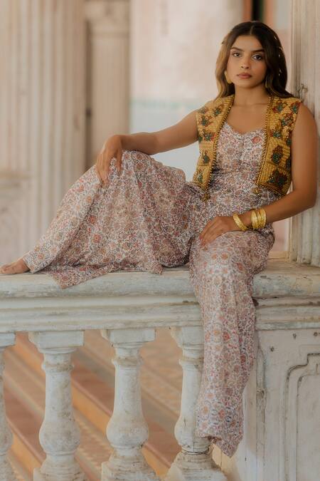 Buy_Nikita Vishakha_White , Raw Persian Carpet Pattern, Beads, Zari Printed And Jacket Set_Online_at_Aza_Fashions