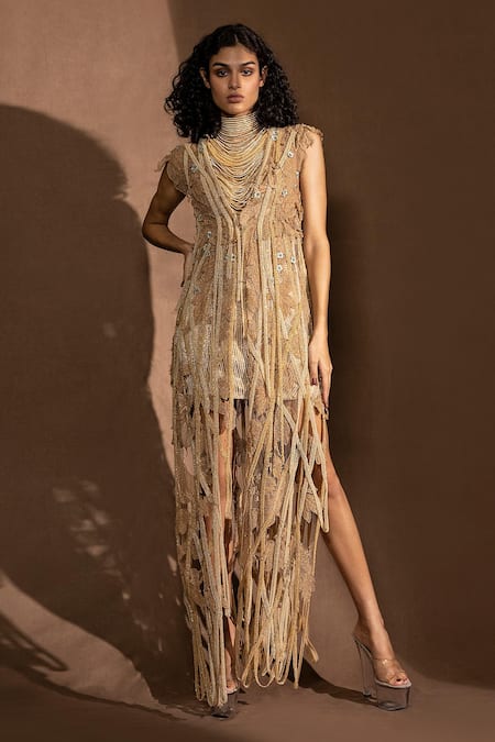 Buy_Abhishek Sharma_Beige Net Glass Bead Cords And Flowers, Metal Thread Work Embroidered Skirt Set_Online_at_Aza_Fashions