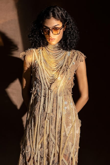 Shop_Abhishek Sharma_Beige Net Glass Bead Cords And Flowers, Metal Thread Work Embroidered Skirt Set_Online_at_Aza_Fashions