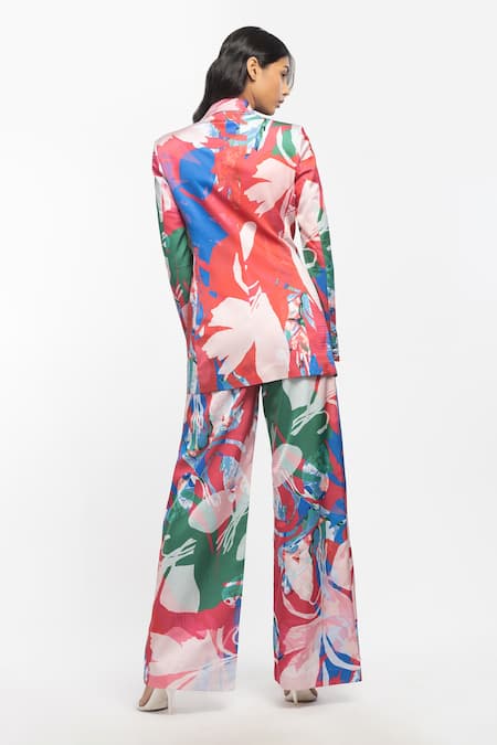 Shop Mandira Wirk Resort Beige Satin Abstract Collared Neck Printed Blazer And Pant Set at Aza Fashions Shop_Mandira Wirk Resort_Beige Satin Abstract Collared Neck Printed Blazer And Pant Set _at_Aza_Fashions