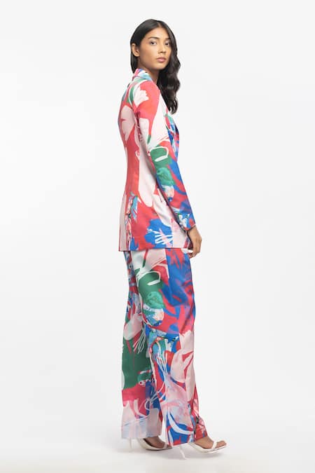 Buy Mandira Wirk Resort Beige Satin Abstract Collared Neck Printed Blazer And Pant Set Online at Aza Fashions Buy_Mandira Wirk Resort_Beige Satin Abstract Collared Neck Printed Blazer And Pant Set _Online_at_Aza_Fashions