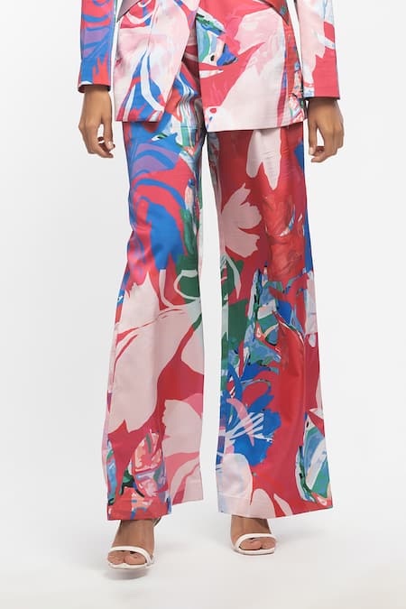 Mandira Wirk Resort Beige Satin Abstract Collared Neck Printed Blazer And Pant Set at Aza Fashions Mandira Wirk Resort_Beige Satin Abstract Collared Neck Printed Blazer And Pant Set _at_Aza_Fashions