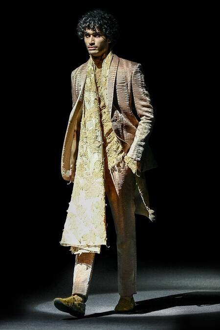 Abhishek Sharma_Beige Lame Pleated Jacket _Online_at_Aza_Fashions