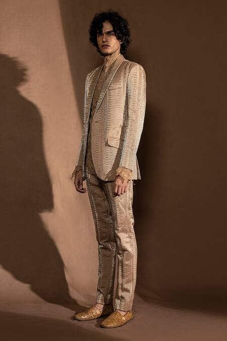 Buy_Abhishek Sharma_Beige Lame Pleated Jacket _Online_at_Aza_Fashions