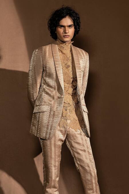 Shop_Abhishek Sharma_Beige Lame Pleated Jacket _Online_at_Aza_Fashions