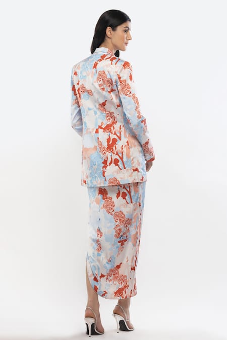 Shop Mandira Wirk Resort White Satin Tropical Print Collared Neck Blazer And Skirt Set at Aza Fashions Shop_Mandira Wirk Resort_White Satin Tropical Print Collared Neck Blazer And Skirt Set _at_Aza_Fashions