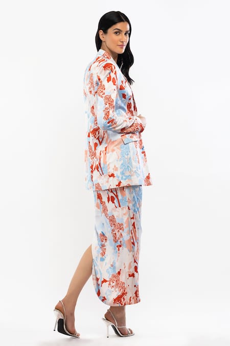 Mandira Wirk Resort White Satin Tropical Print Collared Neck Blazer And Skirt Set Online at Aza Fashions Mandira Wirk Resort_White Satin Tropical Print Collared Neck Blazer And Skirt Set _Online_at_Aza_Fashions