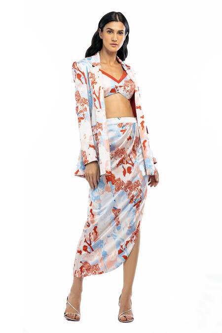 Buy Mandira Wirk Resort White Satin Tropical Print Collared Neck Blazer And Skirt Set Online at Aza Fashions Buy_Mandira Wirk Resort_White Satin Tropical Print Collared Neck Blazer And Skirt Set _Online_at_Aza_Fashions