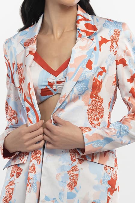 Shop Mandira Wirk Resort White Satin Tropical Print Collared Neck Blazer And Skirt Set Online at Aza Fashions Shop_Mandira Wirk Resort_White Satin Tropical Print Collared Neck Blazer And Skirt Set _Online_at_Aza_Fashions