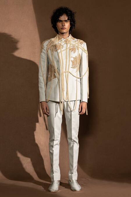 Abhishek Sharma_Grey Suiting Fabric Glass Bead Cords And Double Breasted Embellished Jacket  _Online_at_Aza_Fashions