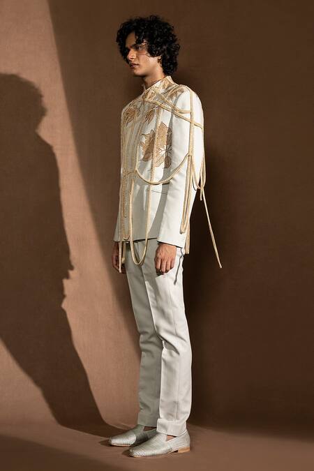 Buy_Abhishek Sharma_Grey Suiting Fabric Glass Bead Cords And Double Breasted Embellished Jacket  _Online_at_Aza_Fashions