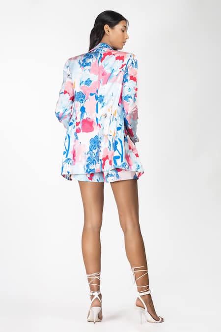 Shop Mandira Wirk Resort White Satin Tropical Print Collared Neck Blazer And Shorts Set at Aza Fashions Shop_Mandira Wirk Resort_White Satin Tropical Print Collared Neck Blazer And Shorts Set _at_Aza_Fashions