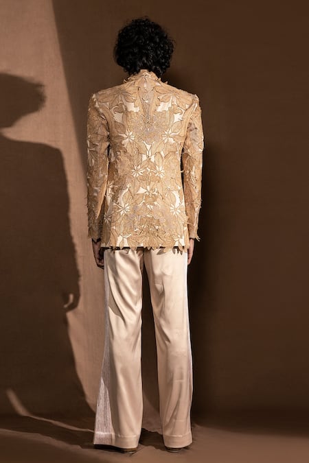 Shop_Abhishek Sharma_Beige Banana Crepe Metallic Katana Work Embroidered Single Breasted Blazer _at_Aza_Fashions