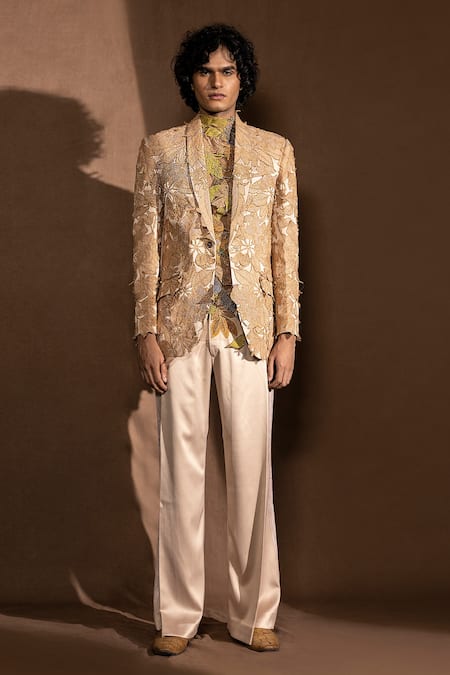 Abhishek Sharma_Beige Banana Crepe Metallic Katana Work Embroidered Single Breasted Blazer _Online_at_Aza_Fashions
